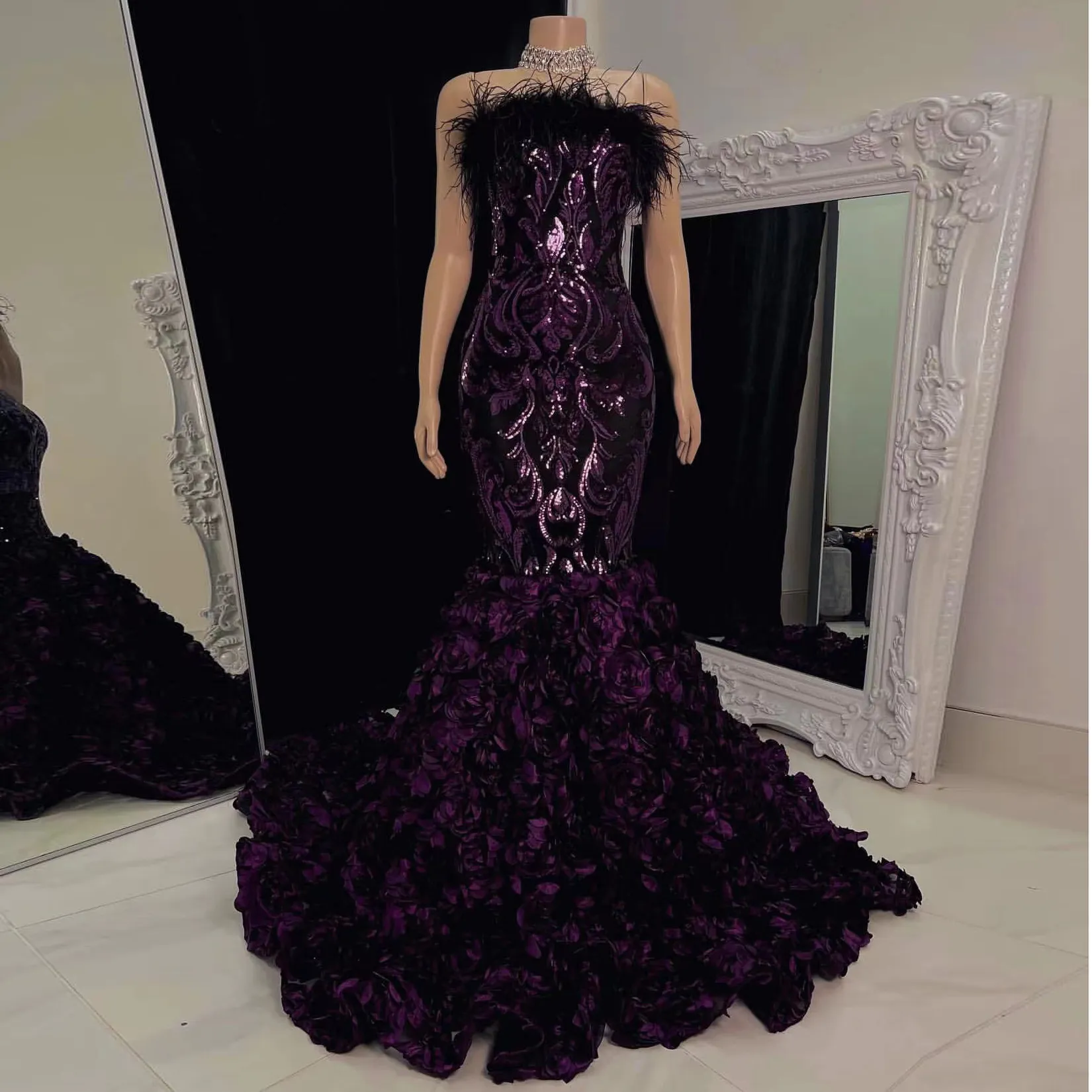 Nouveau Sexy Sirène Robe De Bal Pour Fille Noire Paillettes Plume Celebrity Party Robes Formelles Robes De Soirée Robes De Fiesta Aso Ebi