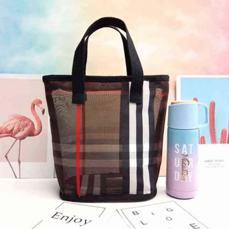 Fashion Plaid Purse Transparent Bucket Beach Bag Luxury Brand Handbag Designer Mesh Wash Tote Makeup Pouch for Women Swimming X220331