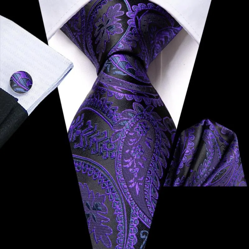 Bow Ties Paisley Black Purple Silk Wedding Tie voor heren Handky manchetknop Gift stroping Business Party Dropship Hi-Tie Designerbow Bowbo