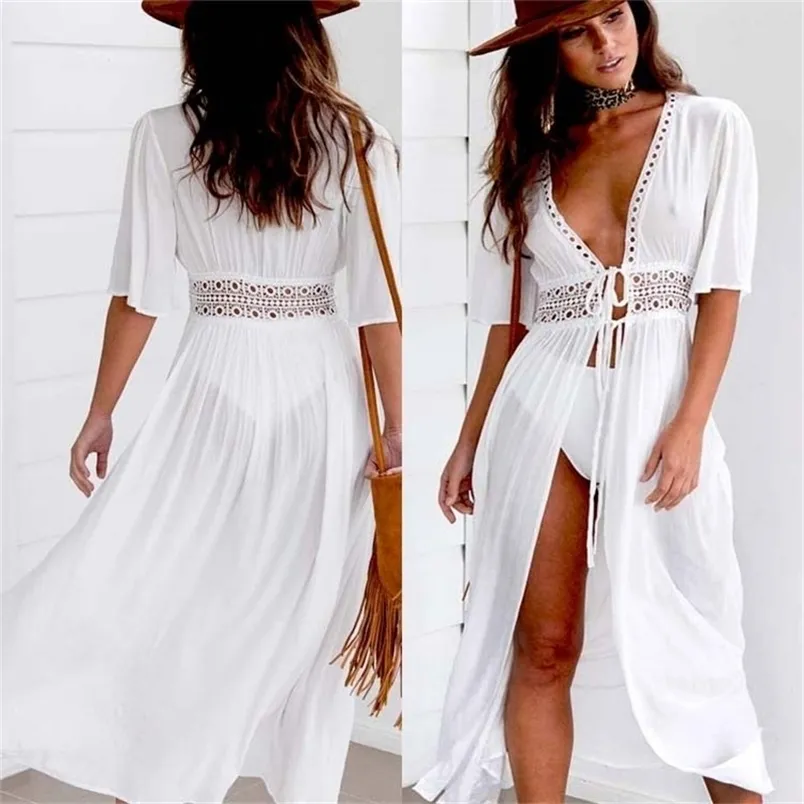 3XL Plus Size Long Maxi Dres Cover Up Tunic Pareo White V Neck Dress Robe Swimwear Bathing Suit Beachwear 220621