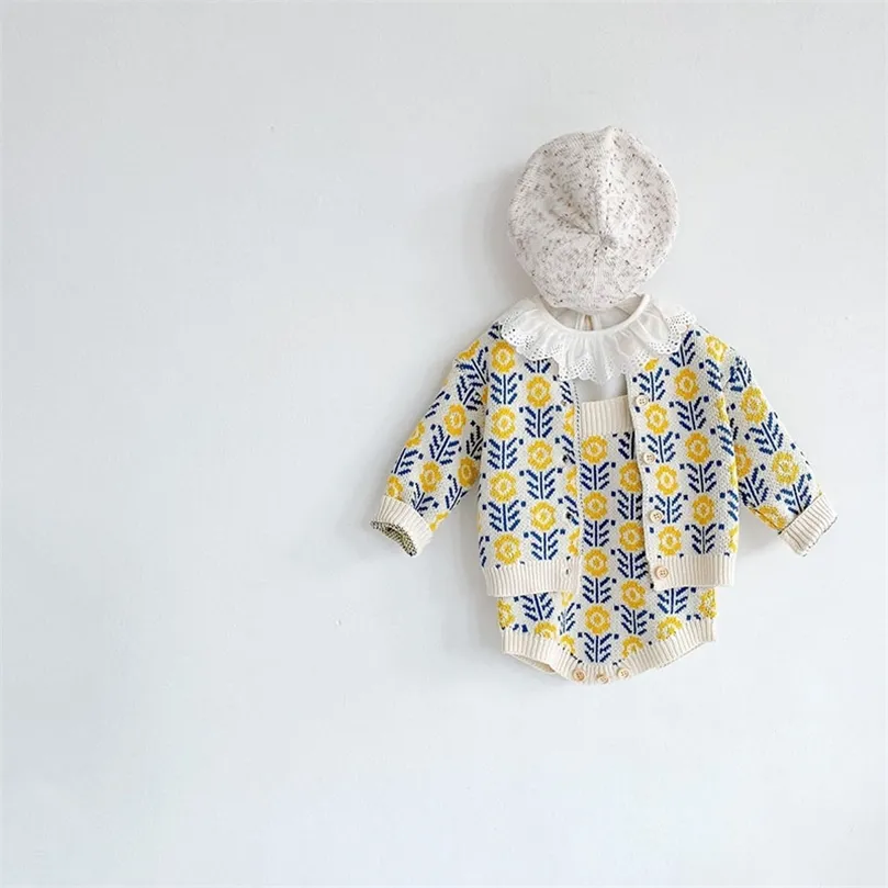 ミランセルスプリングベビー服セット幼児の女の子編みカーディガンフラワーボディスーツ2 PCSガールズ衣服スーツ220509