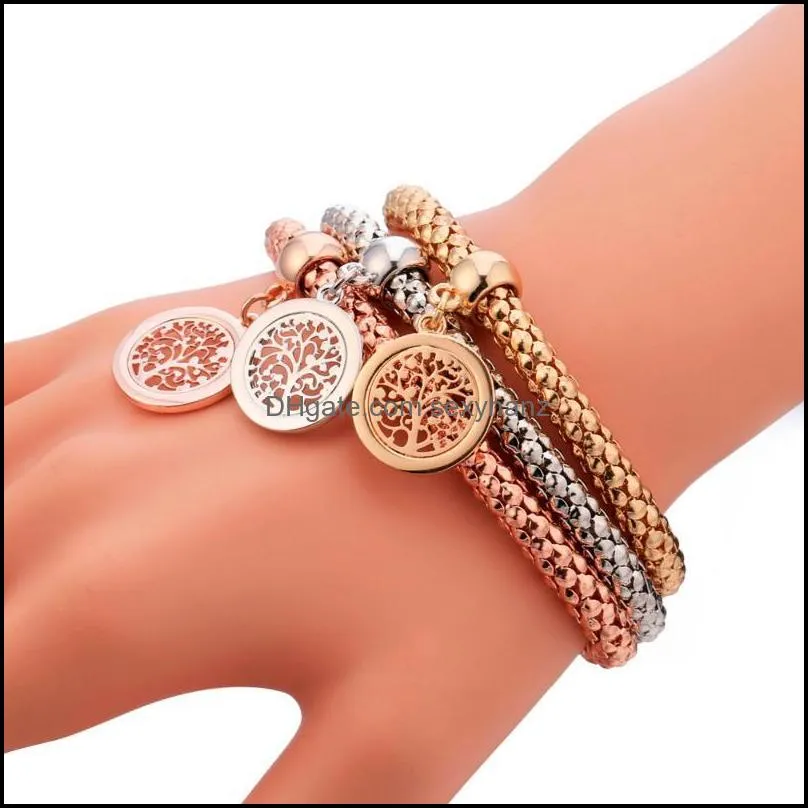 Charm Bracelets 3pcs Tree Of Life Rose Gold Colors Popcorn Chain Pendant Bracelet Fashion Jewelry For Women Girl Party Gifts