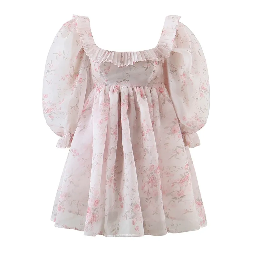 2022 Prinses Pink Bloemprint Ball Jurk Organza Jurk Retro Women Wood Ear Square Kraag Puff Mouw Mini Party Fairy Robe 220511