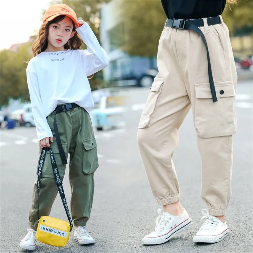 Fashion Cotton Cargo Pants for Teen Girls with Belt, Loose Style Kids Sport  Running Trousers for Teens, 5-14 Years