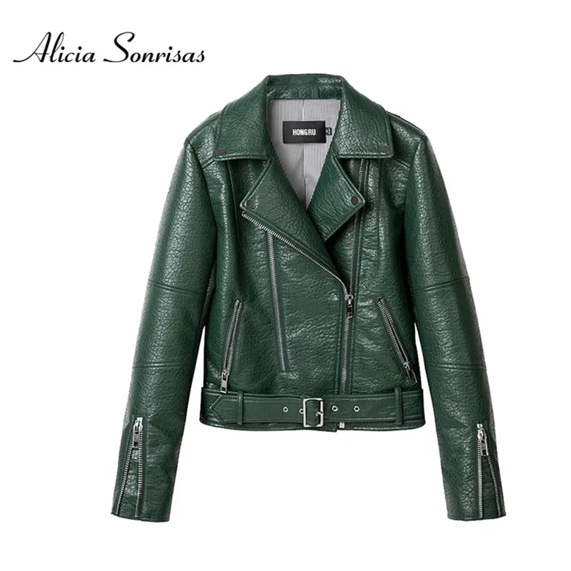 Green Motorcycle Jacket Womens Short Faux Leather Biker Coat
