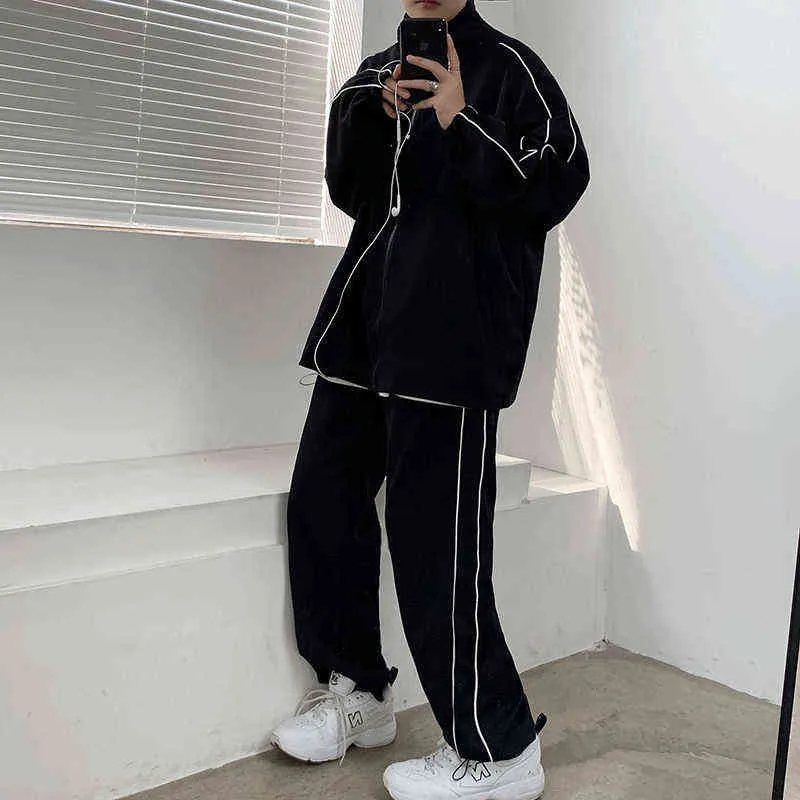 Black Track Suit Men Fashion Casual Long-sleeved Jacket/Trousers Two-piece Men Korean Loose Oversized Clothing Mens Sets M-2XL T220802