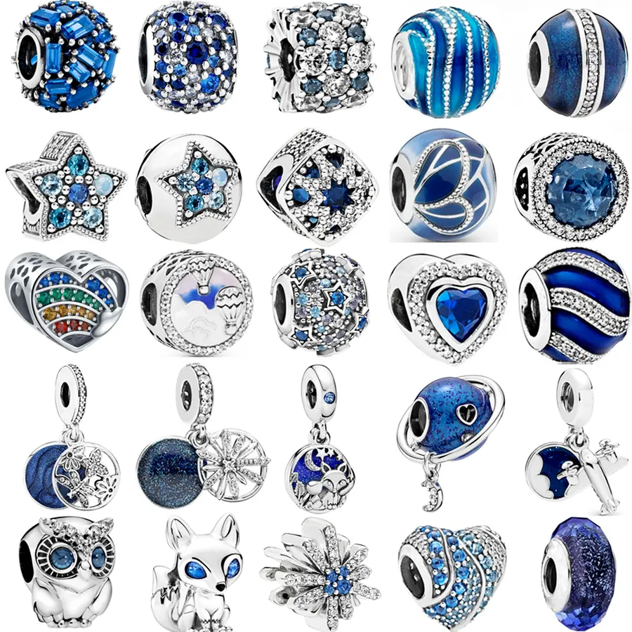 925 Sterling Silver Ciondola Charm Sky Blue Series Farfalla Fiore Unicorno Stelle Luna Gufo Aereo Bead Fit Pandora Charms Bracciale Accessori gioielli fai da te