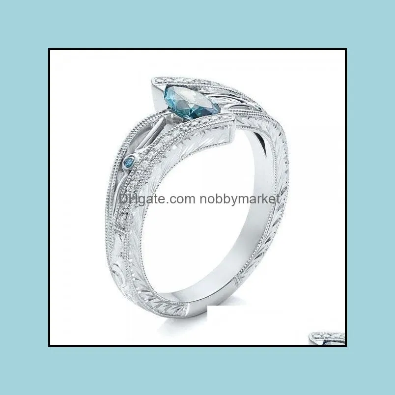 Wedding Rings Luxury Female Blue Zircon Stone Ring Charm Silver Color Engagement Classic Crystal Leaf For Women