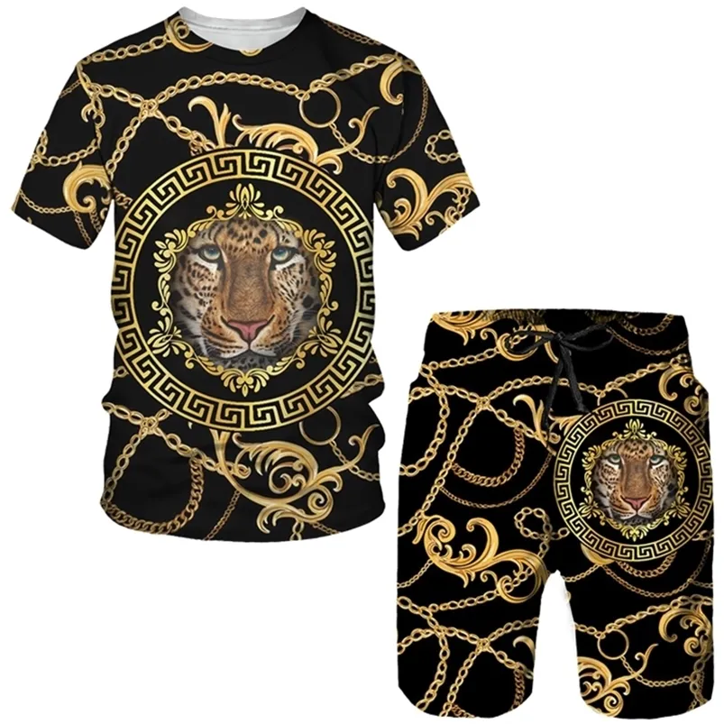 Été Golden Lion Imprimé T-shirt Shorts Costume Hommes s Casual Graphique O cou Tops Pantalon Ensemble Mâle Hip Hop À Manches Courtes Survêtement 220613