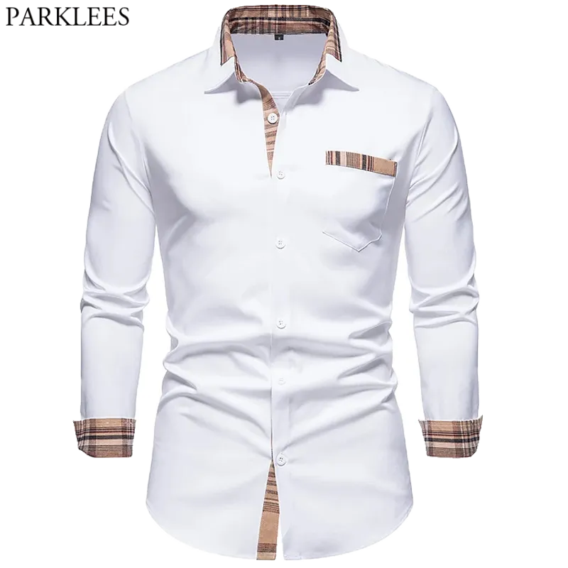 Chemises décontractées pour hommes PARKLEES 2022 automne Plaid Patchwork formel pour hommes mince à manches longues blanc boutonné chemise robe bureau d'affaires Camisas