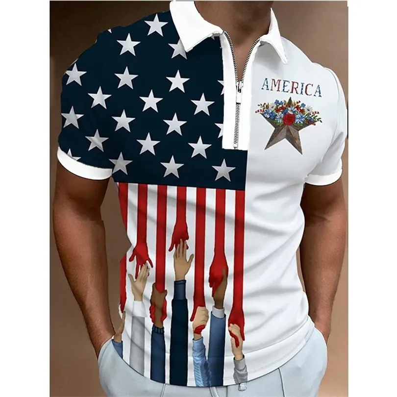 Summer Mens Clothing Polo Shirts Streetwear flagga tryck avslappnad kortärmad tee -skjorta män Turndown Collar Zipper Prom Polo Tops 220615
