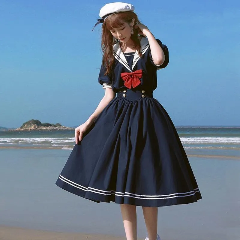Harajuku Sailor Collar Navy Blue Dress Japanese Lolita Sweet Bow Girl Retro Cotton Kawaii College Style Long-sleeved Women