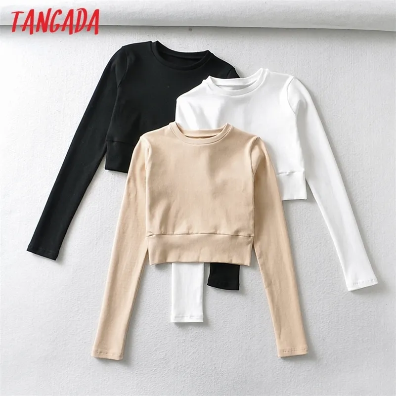 Tangada Femmes Basic Strethy Crop Coton T-shirt À Manches Longues O Cou T-shirts Dames Casual Tee Street Wear Top CH7 220321