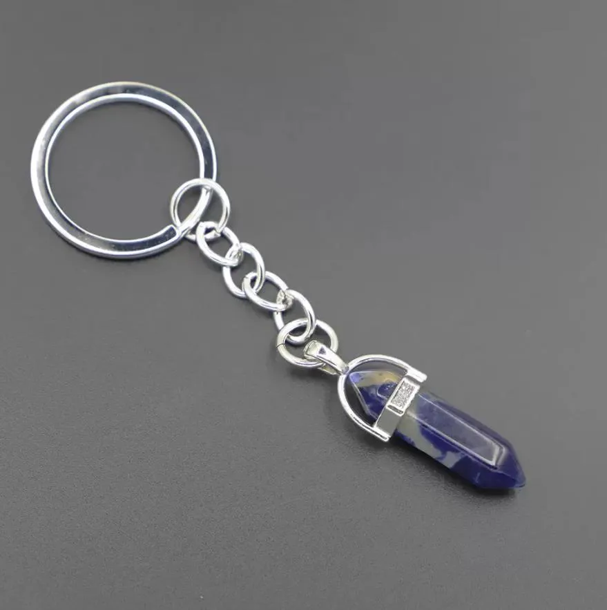 natural stone key rings hexagonal column keychain for women crystal pink quartz keyrings bag car jewelry party friends gift