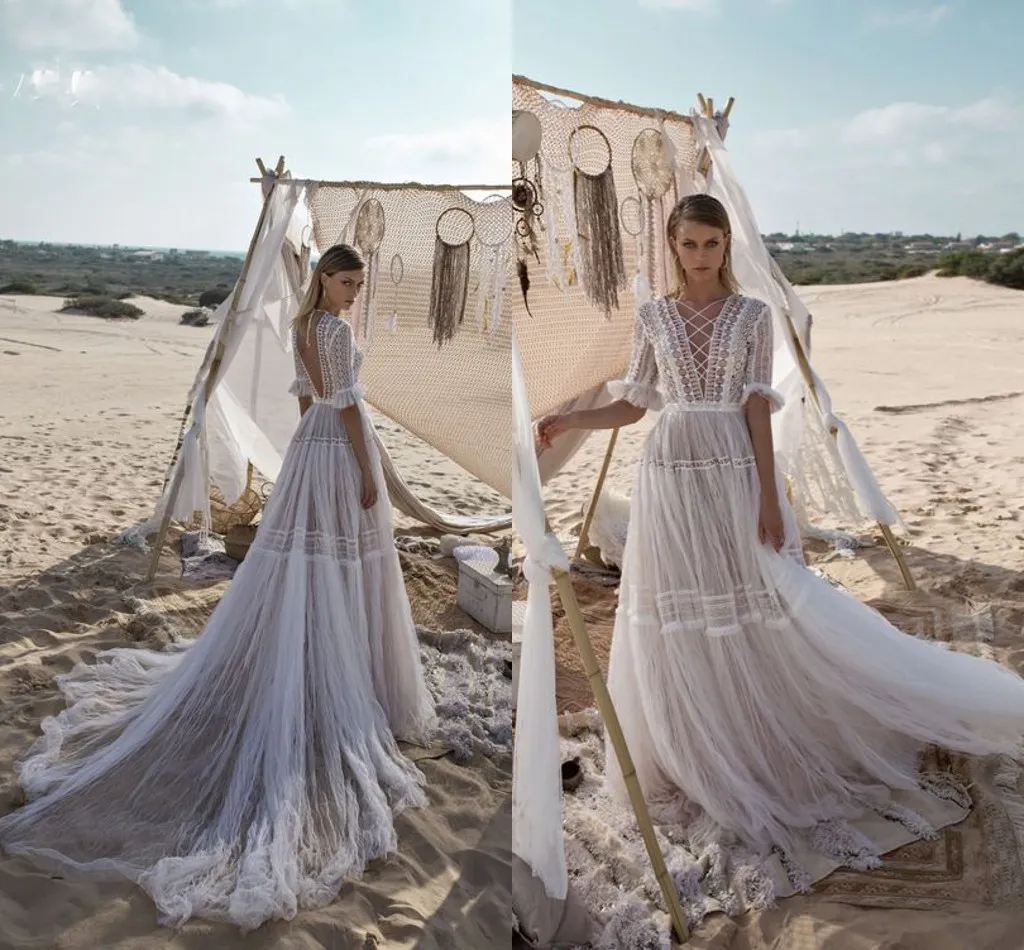 vestido de novia aline Beach Wedding Dresses with Half Sleeve 2022 Fairy Tulle Sweep Train Lace Bohemian Outdoor Bridal Gowns