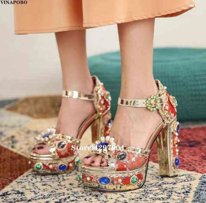 14 cm High Heel Lady Retro Sandal Shoes Gemstone Crystal Strap Luxury Sandalias Platform Party Mujer 2021 Summer Green Gold220513