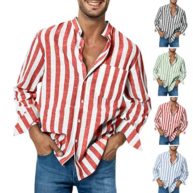 Mäns casual skjortor män skjorta långärmad stativ krage lös klädsel randtryck randig linne spänne för dateringsmän