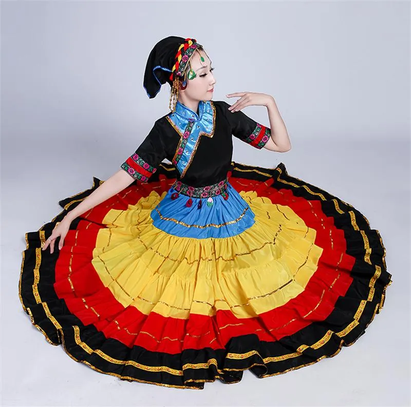 Stage Wear Flamenco Jupe Danse Femmes Espagnol Style Ethnique Pratique Longue Big Swing Coloré Festival Performance Lady Robe De Ventre