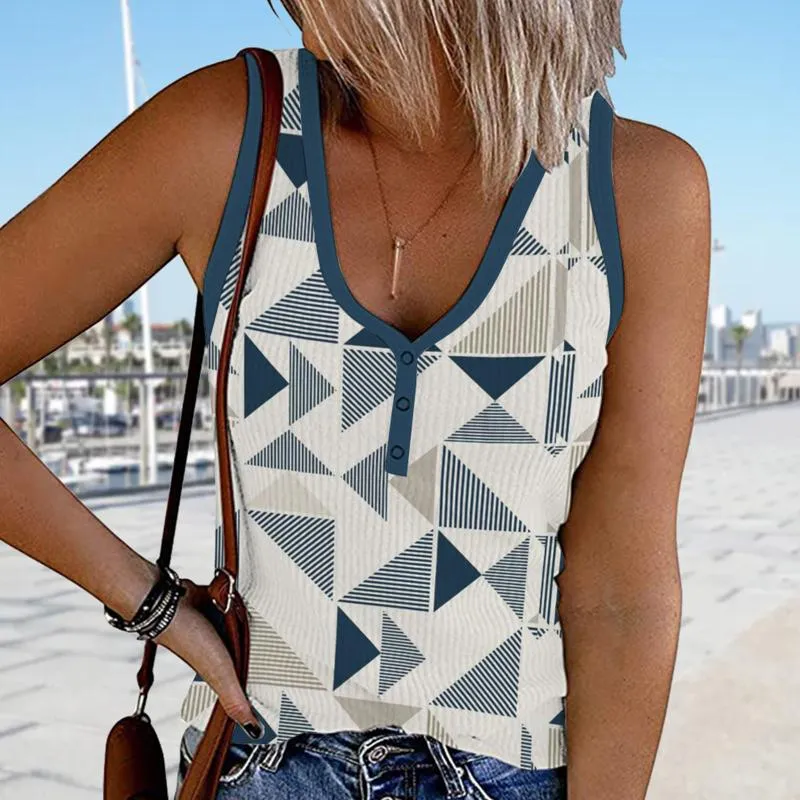 Women's Tanks & Camis Vintage Geometric Print Women All Matched Ribbed Tank Tops Summer Casual V Neck Sleeveless Knit Henley Series VestWome