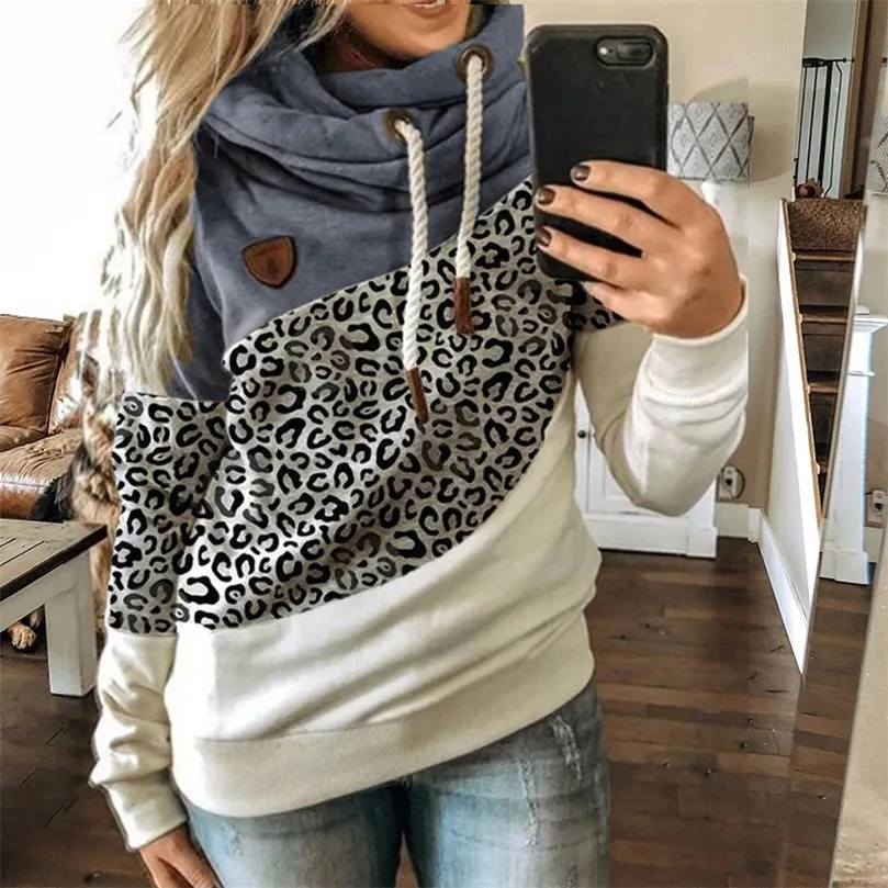 Winter Leopard Print Sweatshirts Women Casual Turtleneck Long Sleeve Hoodies Fashion Drawstring Patchwork Female Pullovers Tops 220804