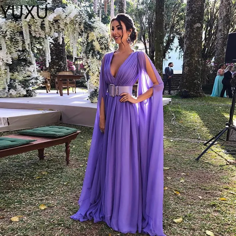 Designer Fashion Arabic Dubai Exquisite Purple Prom Dresses Deep V Neck Long Sleeve Formal Evening Dress Elegant klänningar Robes de Mariee