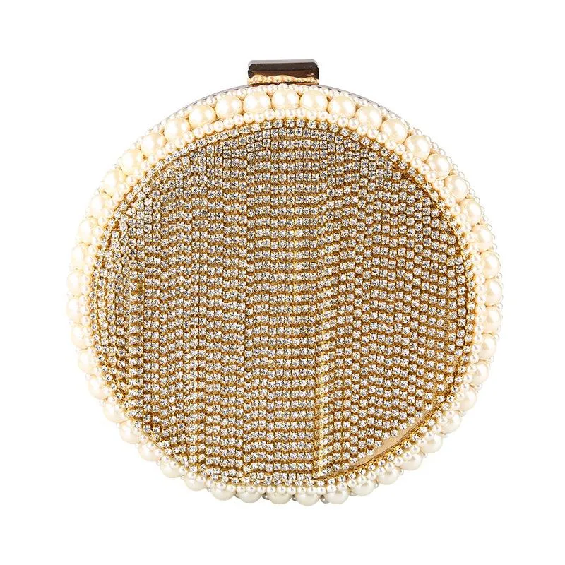 Evening Bags Circular Round Ladies Gold Crystal Pearl Clutch Bag Rhinestones Bride Wedding Clutches Purse Women Party Mini HandbagsEvening