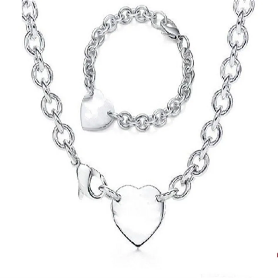 2020 Silber dicke Verknüpfungskette mit Silber Herzplatten Armband und Anhänger Halsketten charmant 2PCS Hochwertiger Anzug mit Schachtel und 255p