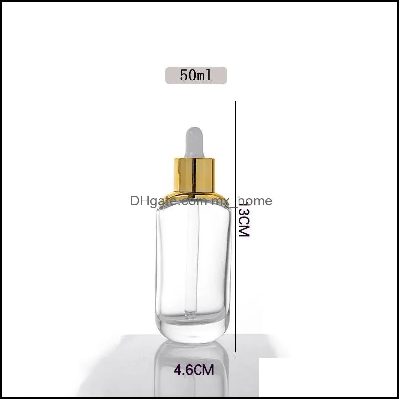 Flat round clear glass  oil perfume bottles liquid reagent pipette dropper bottle 15ml 30ml 50ml silver/gold cap