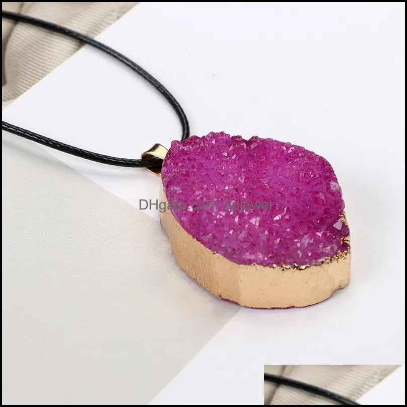 Hot sale Druzy necklace 7 color Geometric Natural Drusy Stone pendant Black snake Leather Cord Rope chain necklace For women Fashion