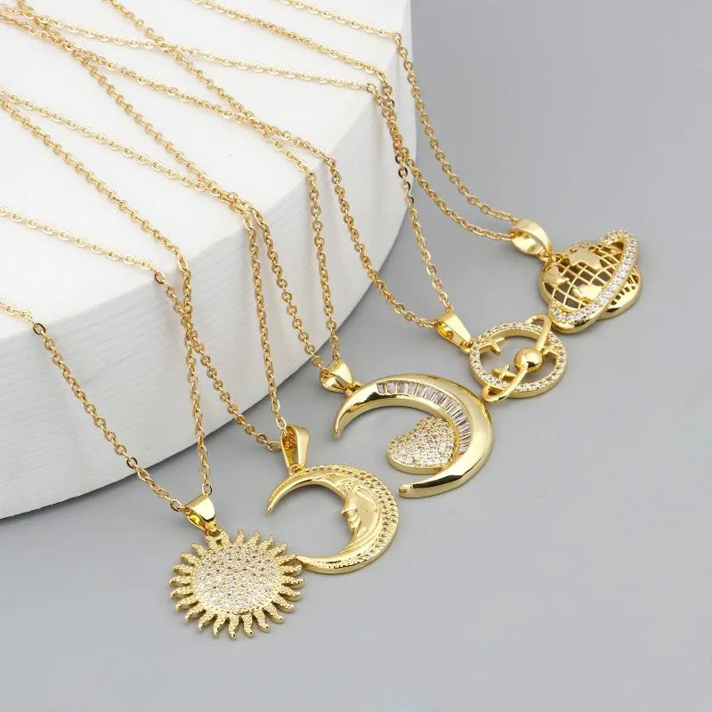 Anhänger Halsketten Edelstahl Galaxiekabel Kabelkette Halskette Gold Farbe Metall Sonnenmond Anhänger mit Hummerkrallenverschluss Schmuck 1pcpene