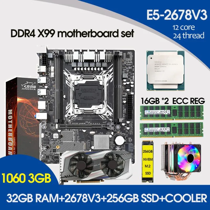 Schede madri Processore della scheda madre e kit di memoria Xeon 2678 V3 16 GB 2 32 GB di RAM GTX1060 Scheda grafica da 3 GB SSD M.2 da 256 GB con SET VENTOLA CPUMothe