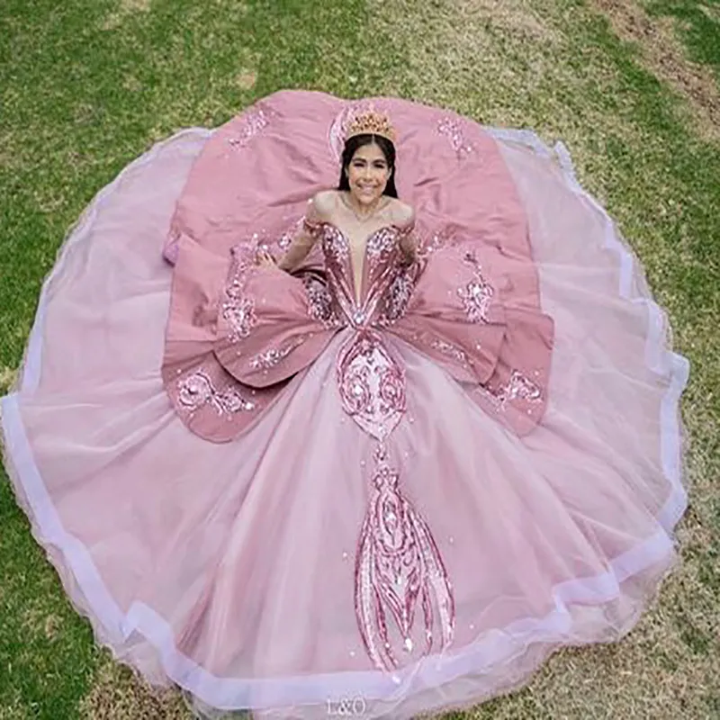 Dusty Pink Sequin Quinceanera Pink wedding dress 2022 - Charro Mexican Sweet 16 Corset Luxury Ball Gown for Prom, Engagement Wear, and Vintage Style