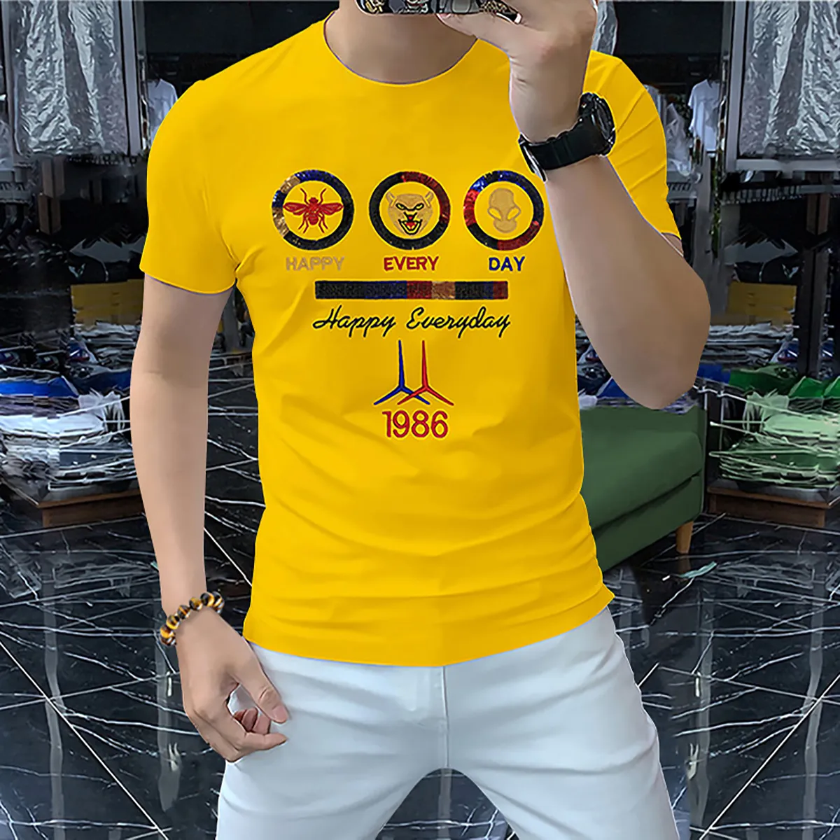 T-shirt herres paljetter modemärke broderi mönster trend 2022 sommar ny designer gula manliga tees stilig mogen man högkvalitativ kläder M-4XL