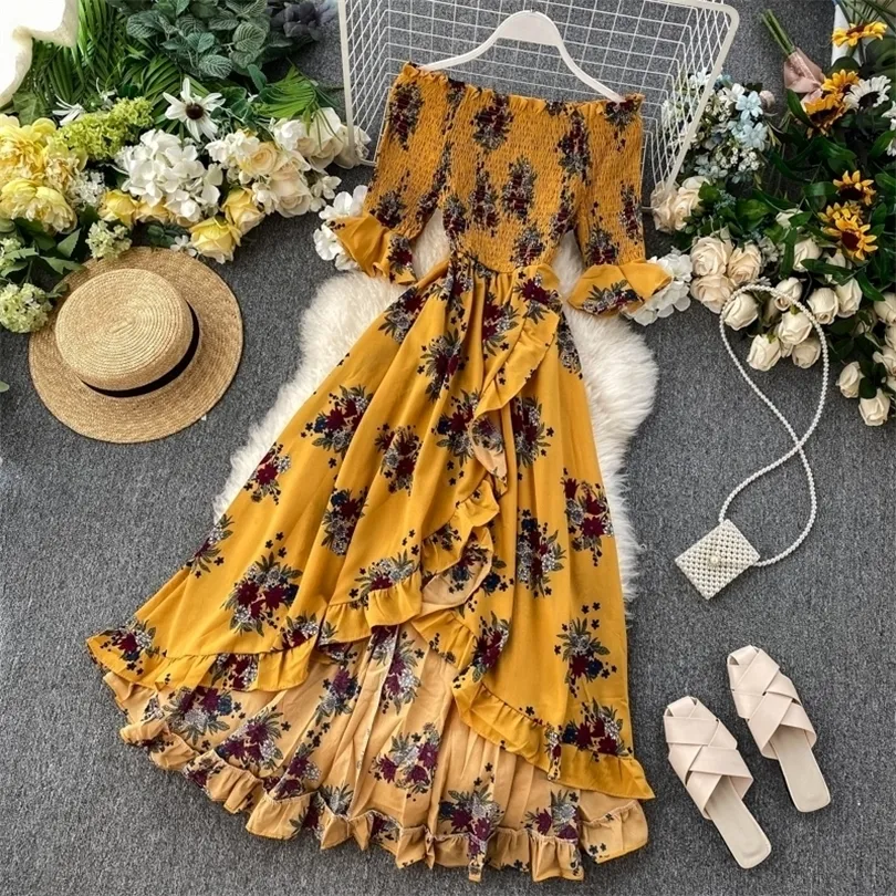 Summer Women Beach Dress Floral-Printed Off-Shoulder Slim Irregular Flounced Long Dress Ladies Casual Holiday Flower Dress T200526