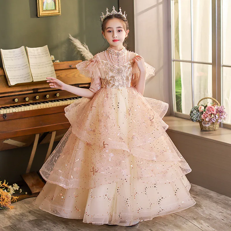 Modest Fluffy Flower Girl Dresses With 3D Floral Applique V-Neck Lace-Up Backless Birthday Dress Lovely Girls Pageant Gowns 403