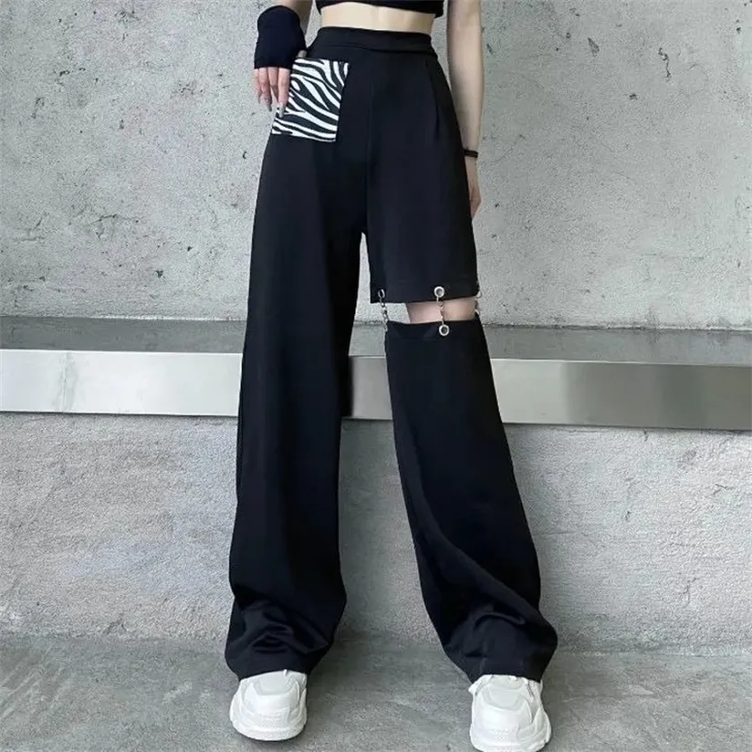 Houzhou Black Szerokiej nogi Cargo Pant Hollow Out Streetwear Spodnie Techwear Elastyczny Waist Patchwork Koreański Moda Lato 220325
