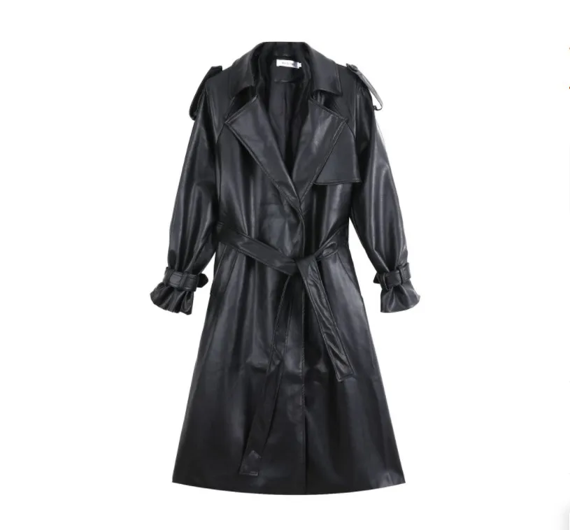 Herfst extra lange oversized zwarte faux lederen trench jas voor vrouwen lange mouw riem dubbele borsten losse mode 2022