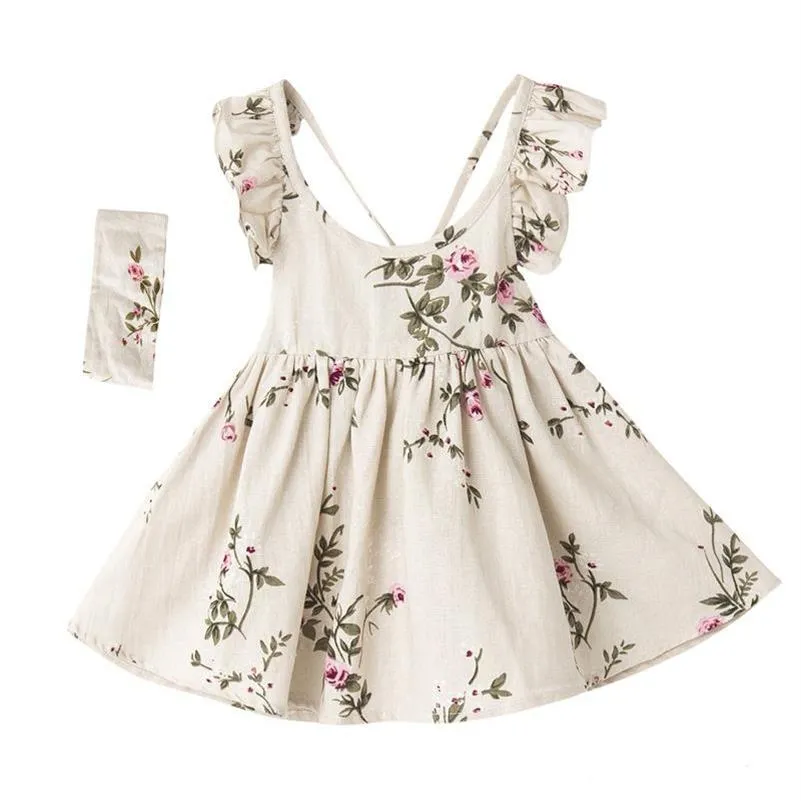 Retail Girl Flower Dresses Kids Clothing Princess Flutter Sleeveless Vintage Dress Baby Summer Clothes221L