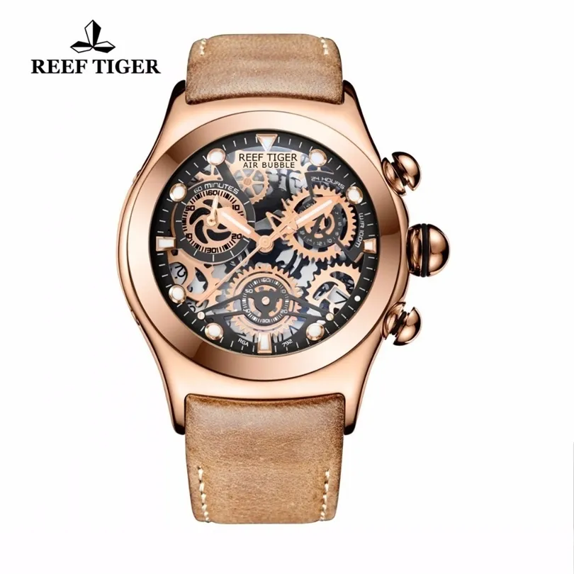 Reef Tiger/RT Mens Sport Watches Brown Leather Strap Skeleton Quartz Watches Chronograph Stop Watches RGA792 T200409