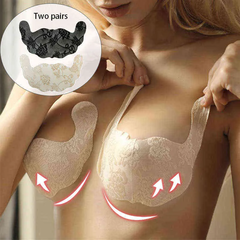 2 pares de mamas mulheres adesivas sexy sem mangas de verão invisível Pull anti-Convexe em forma de U Bra respirável L220726