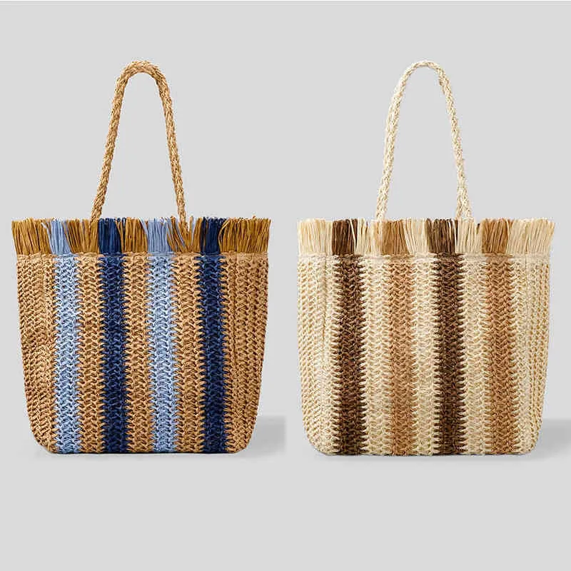 Bolsos de mano informales con borlas de verano para mujer, bolso de mano tejido de paja de papel para mujer, bolso de hombro femenino grande para playa, bolso de mano de caramelo a la moda 0214