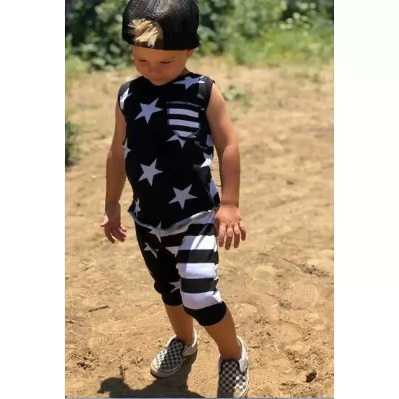 2019 ropa de diseñador para niños, trajes de bandera estadounidense para niños, tops con rayas de estrellas y pantalones, 2 unids/set, conjuntos de ropa para bebés del 4 de julio de verano
