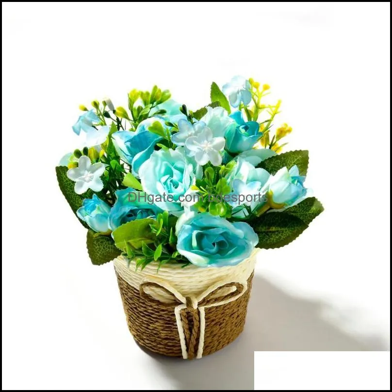 装飾的な花の花輪お祝いパーティー用品ホームガーデン人工シルクローズフラローズアンドラッタン花瓶シミュレーション植物ミニボンサイセットF