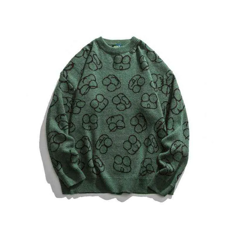 2021 New Arrival Cartoon Jacquard Vintage Green Men Ugly Knitted Sweater Hip Hop Women Pullover Retro Style Knitwear Pull Homme T220730