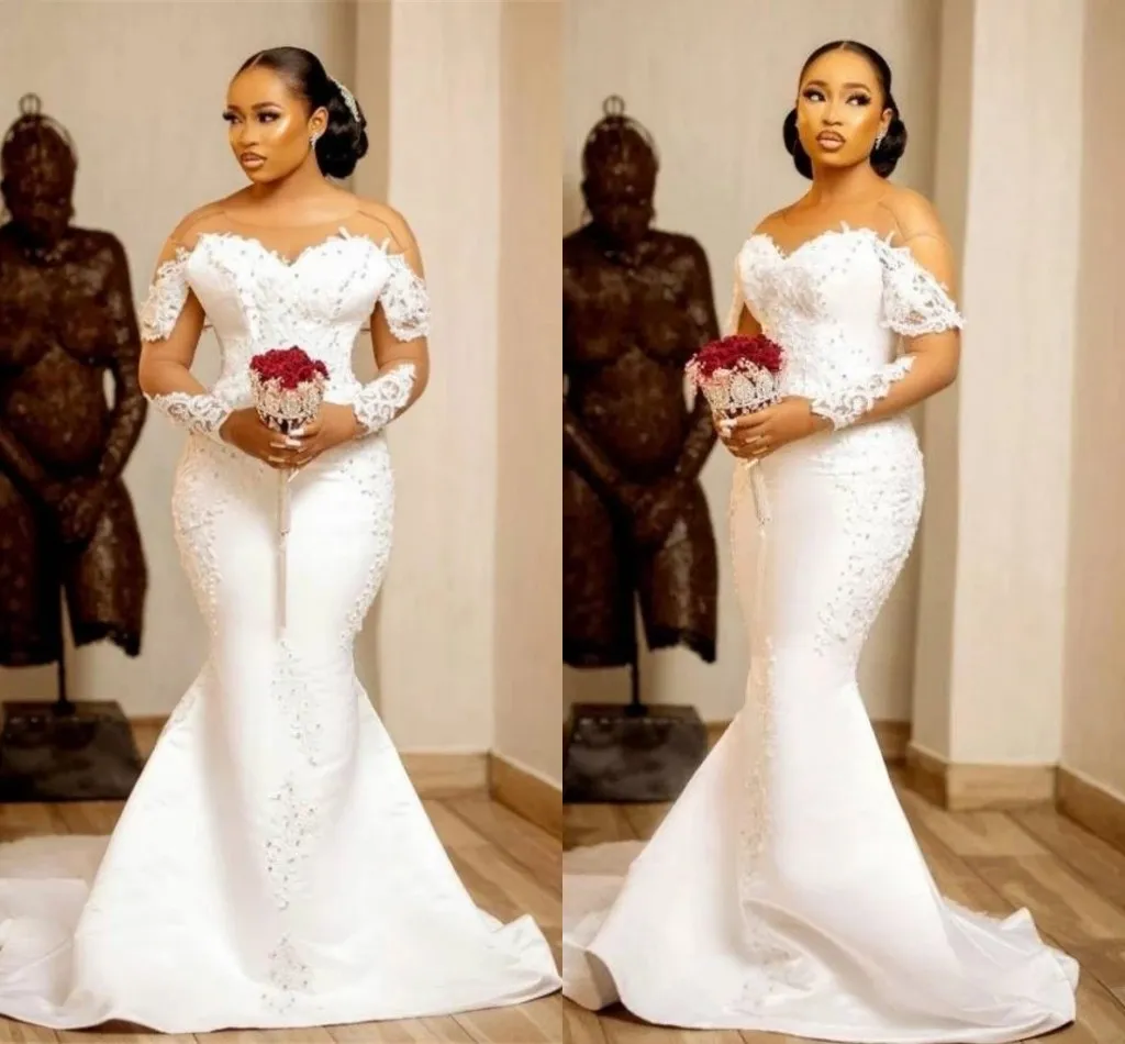 Aso Ebi Mermaid Wedding Dresses With Sheer Neck Illusion Long Sleeves Bridal Dress Lace Appliques Pearls Vestido De Noiva Bc12953