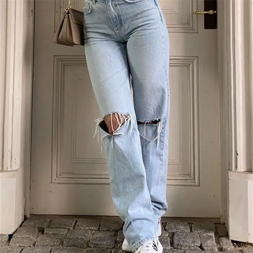 Женские свободные джинсы с подъемами разорванные ноги для женщин с высокой талией голубой стира
