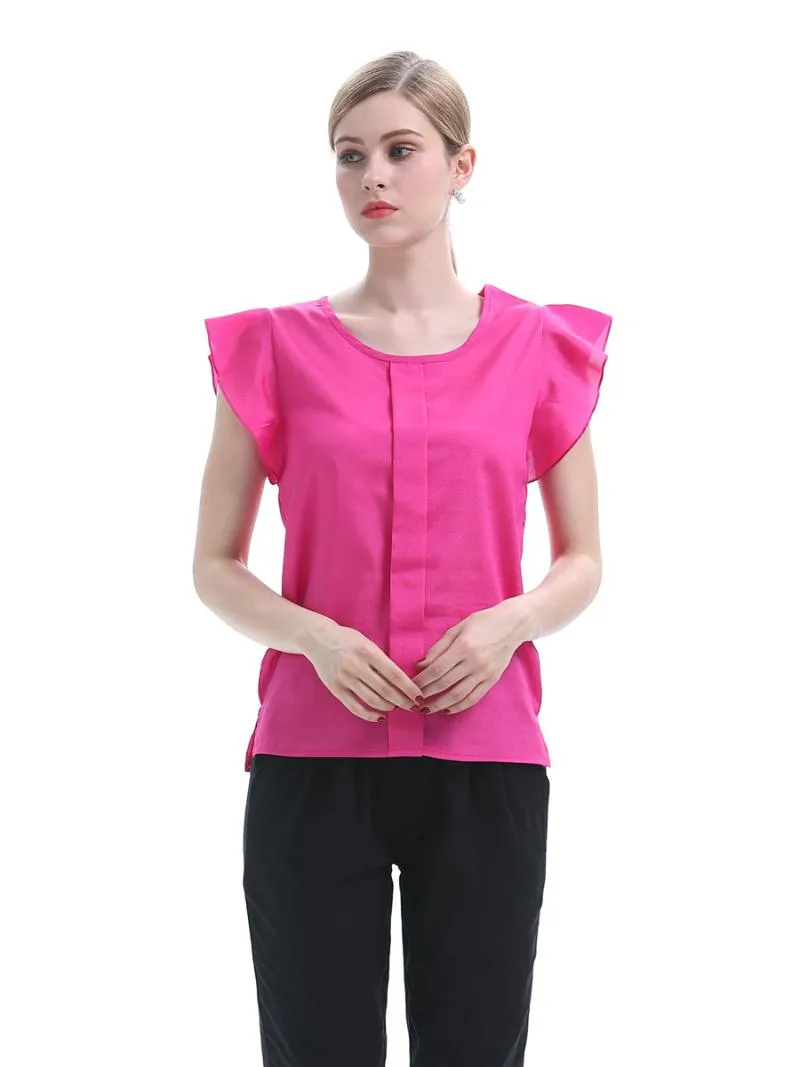 Dames Blouses Shirts Mode Vrouw Solid Womens Tops Chiffon Ol Lady Round Collar Mouwloze ruches