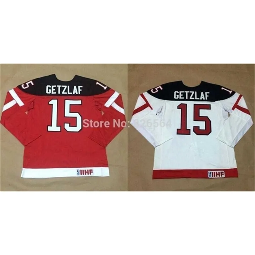 MThr 2016 Nuova maglia Ryan Getzlaf n. 15 Maglia da hockey Team National 2015 World Juniors con IIHF e 100° anniversario - rossa e bianca