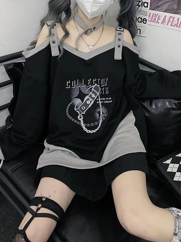 Kvinnors hoodies tröjor svart y2k harajuku kvinnor av axelbälte pullover estetisk tröja kvinnlig goth tryckt tröja punk mol