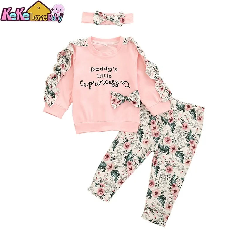 3pcs infantil roupas meninas roupas nascidas de outono de manga longa plufla tops de algodão floral roupas de fiagem de fiagem